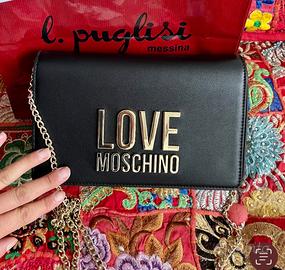 Borsa pochette love Moschino nera logo oro dorato