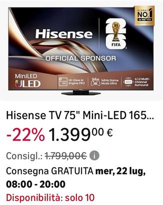 Hisense TV 75" Mini-LED 165Hz 4K 2025 75U8Q,