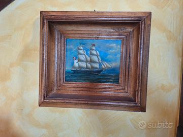 Quadro dipinto olio Veliero con cornice legno