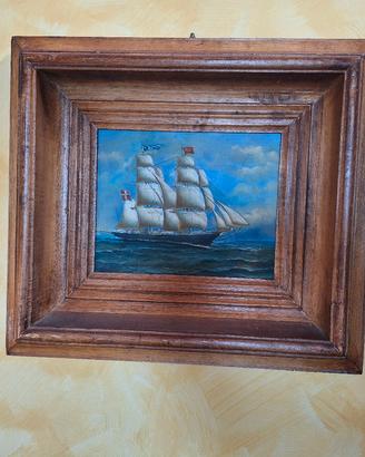 Quadro dipinto olio Veliero con cornice legno