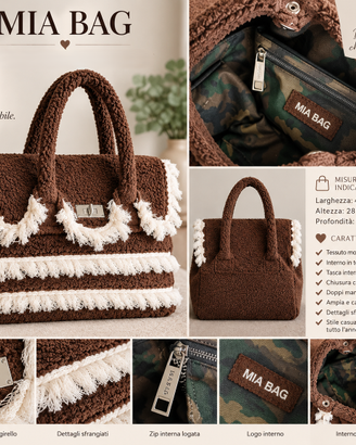 Borsa donna MIA BAG, maxi marrone con frange panna