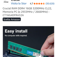 Crucial RAM DDR4 16GB 3200MHz CL22, Memoria PC