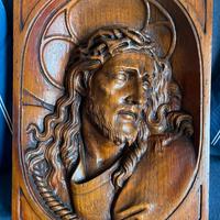 Scultura bassorilievo in legno volto Gesù Cristo +
