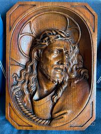 Scultura bassorilievo in legno volto Gesù Cristo +
