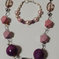 collana e bracciale in perle,legno e metallo