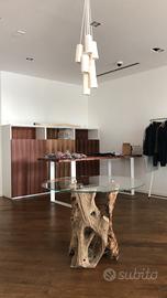 Tavolo rotondo piano in vetro - legno naturale