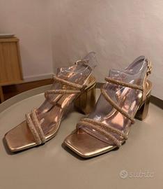 Sandalo donna tacco 7,5 cm, oro rosa