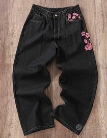 Jeans Baggy Neri con Ricamo Fiori di Ciliegio