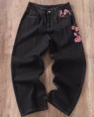 Jeans Baggy Neri con Ricamo Fiori di Ciliegio