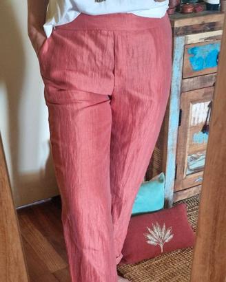 Pantaloni Souvenir in misto lino corallo