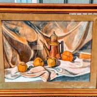 Quadro con natura morta e frutta dipinto a olio.