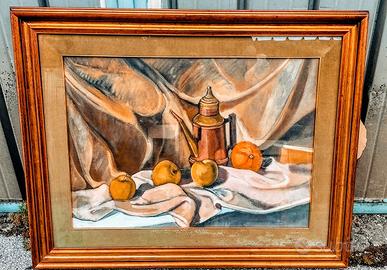 Quadro con natura morta e frutta dipinto a olio.