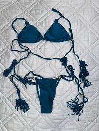 Bikini donna blu petrolio con laccetti e frange  M