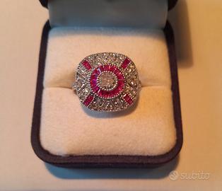 Anello Art Déco quadrato zirconi rosso rubino oro
