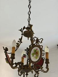 LAMPADARIO VINTAGE IN BRONZO E PORCELLANA 3 LUCI