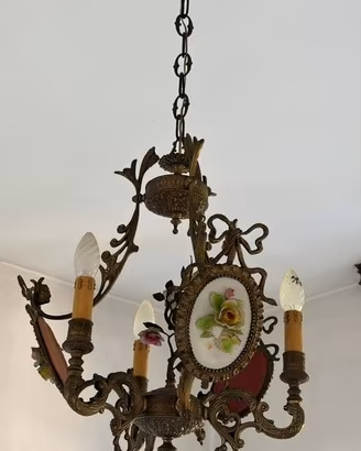 LAMPADARIO VINTAGE IN BRONZO E PORCELLANA 3 LUCI