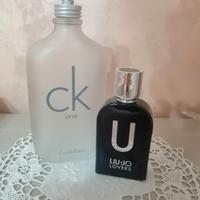 Coppia di bottiglie di profumo vuote di marca