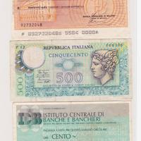 BANCONOTA 500 LIRE MINERVA 1979 + DUE MINIASSEGNI