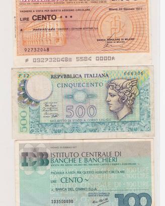 BANCONOTA 500 LIRE MINERVA 1979 + DUE MINIASSEGNI