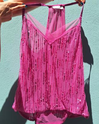 vintage top sequins paillettes beaded hot pink