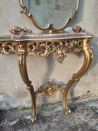 CONSOLLE IN LEGNO DORATO E MARMO