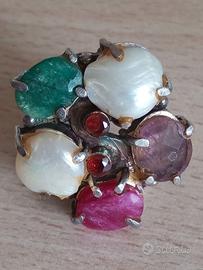 Anello argento 925 pietre naturali, gemme e perle
