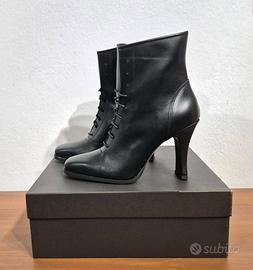 Stivaletti in pelle con lacci, tacco, nero, n.40