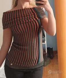 Top Liu Jo in lurex a righe Verde bosco e Bronzo
