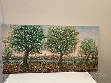 Quadro  olio su tavola piante con paesaggio