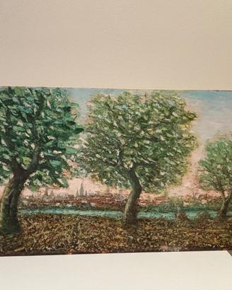 Quadro  olio su tavola piante con paesaggio