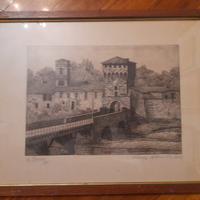 Incisione Ettore Mossini Parma Antico Ponte Verde