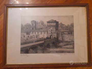 Incisione Ettore Mossini Parma Antico Ponte Verde