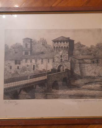 Incisione Ettore Mossini Parma Antico Ponte Verde