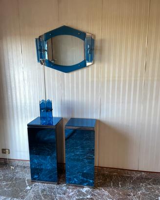 Coppia colonne vintage in vetro fumé blu e acciaio