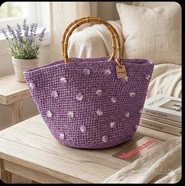 Borsa Crochet Rafia Lilla E Manici Bamboo