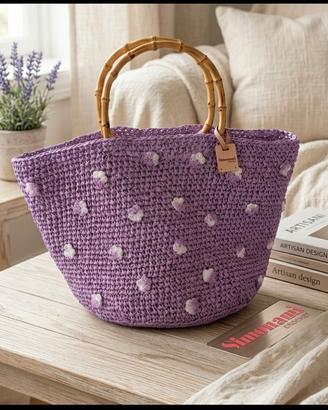 Borsa Crochet Rafia Lilla E Manici Bamboo