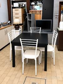 Tavolo Nero Allungabile + 4 Sedie Bianche Moderne