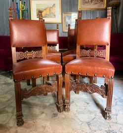 Set di 6 Sedie Antiche in Pelle e Legno Intagliato