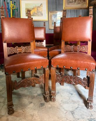 Set di 6 Sedie Antiche in Pelle e Legno Intagliato