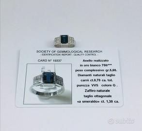 Anello oro 18KT diamanti carrè 0.80 zaffiro 1.30