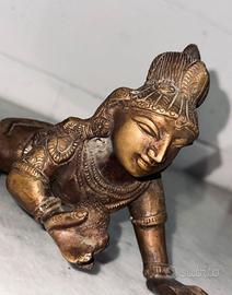 Antica statua induista in bronzo massiccio Krishna