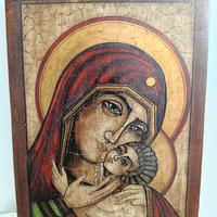 Quadro in legno dipinto a mano Madonna con bambino