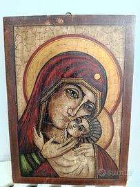 Quadro in legno dipinto a mano Madonna con bambino