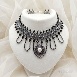 Collana Choker Nera Stile Vittoriano Perla Fiume