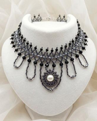 Collana Choker Nera Stile Vittoriano Perla Fiume