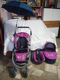 Trio passeggino per bambole con ombrello