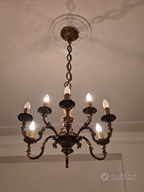 Lampadario Antico in Bronzo / Ottone Dorato a 8 Lu
