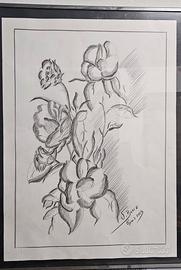 Quadro floreale a carboncino firmato 50x40 cm