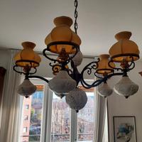 Lampadario in ceramica e ferro battuto vintage