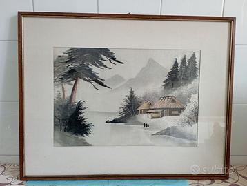 Quadro ricamato su seta paesaggio invernale